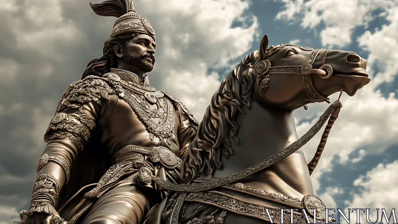 Bronze warrior king on horseback stands against stormy sky