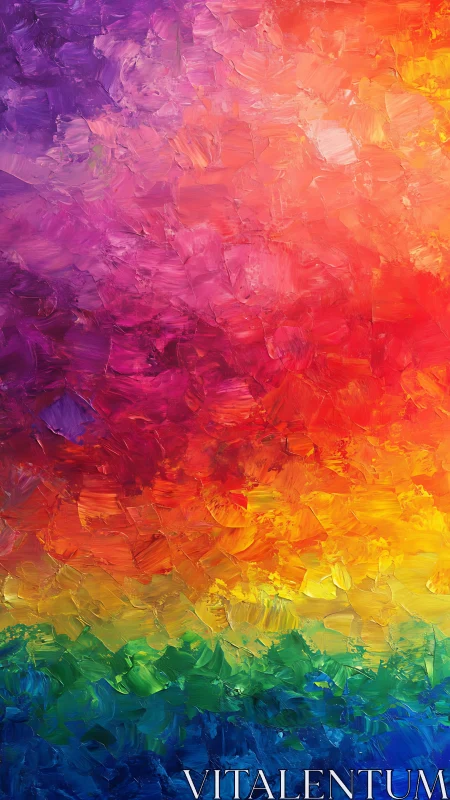Dense impasto rainbow gradient uses diagonal strokes and layered chroma