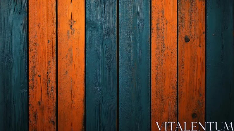 Alternating teal and orange painted planks form textured panel
