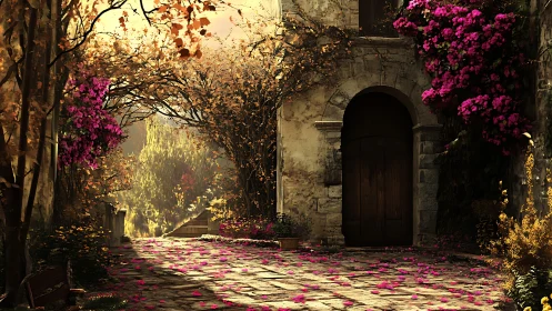 Sunlit stone courtyard with flowering archway and petals.