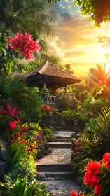 Sunlit tropical garden path leading to wooden gazebo.