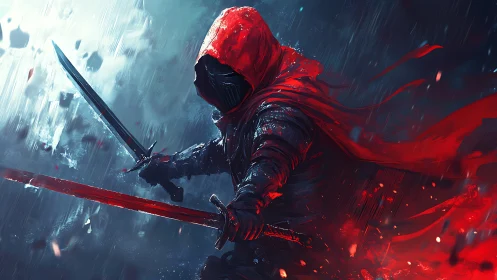 Hooded warrior with twin swords in a storm of red light.