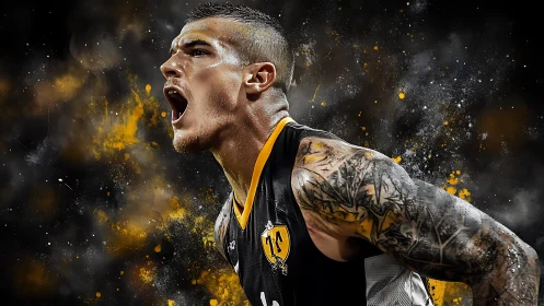 Tattooed athlete roars amid explosive black and gold energy