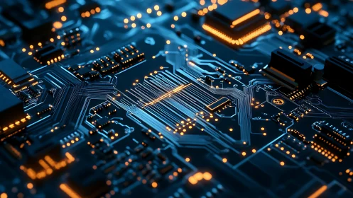 Detailed electronic circuit board with glowing traces.