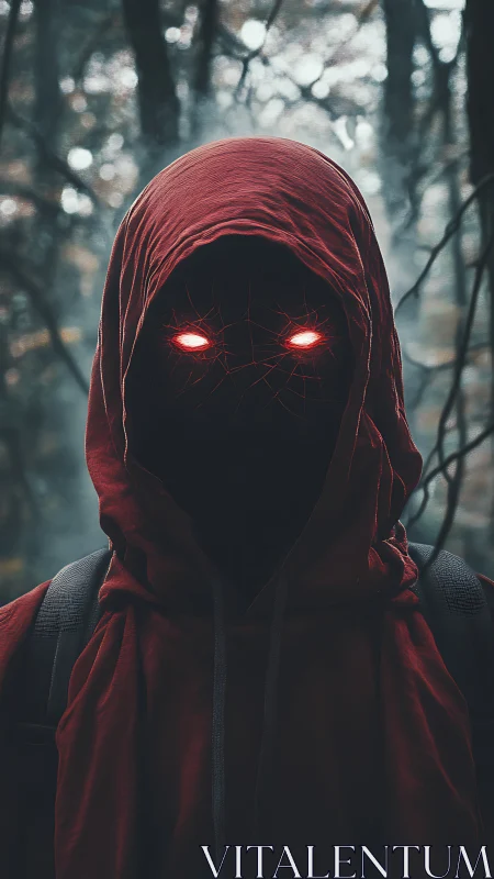 Hooded figure with red glowing eyes in dim forest setting.
