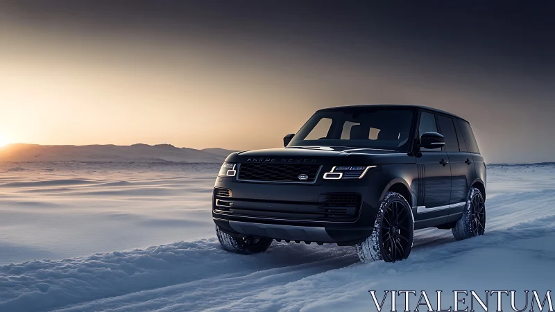 Black luxury SUV parked on snowy landscape at sunset.
