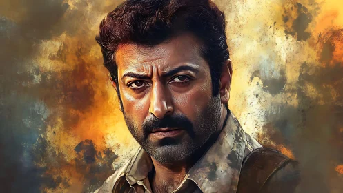 Intense bearded man in textured digital portrait painting.