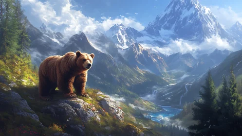 Majestic brown bear overlooking alpine valley panorama.