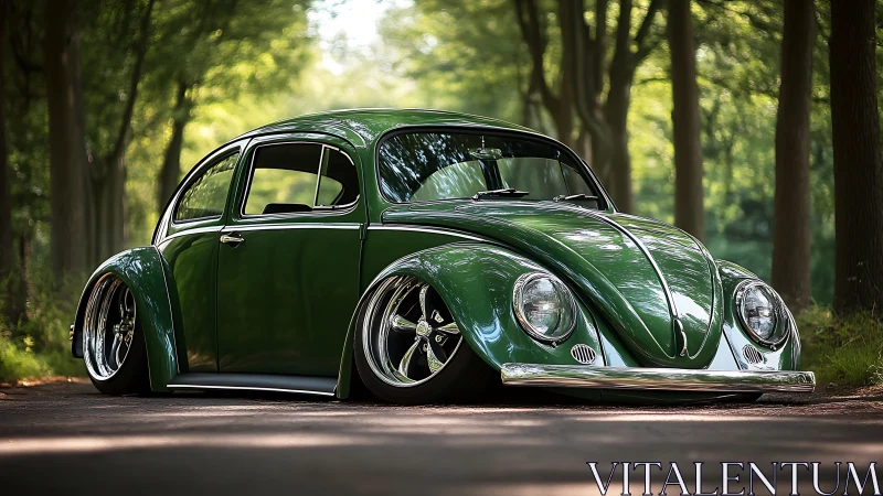 Photorealistic lowrider Beetle in shaded forest lane stance.