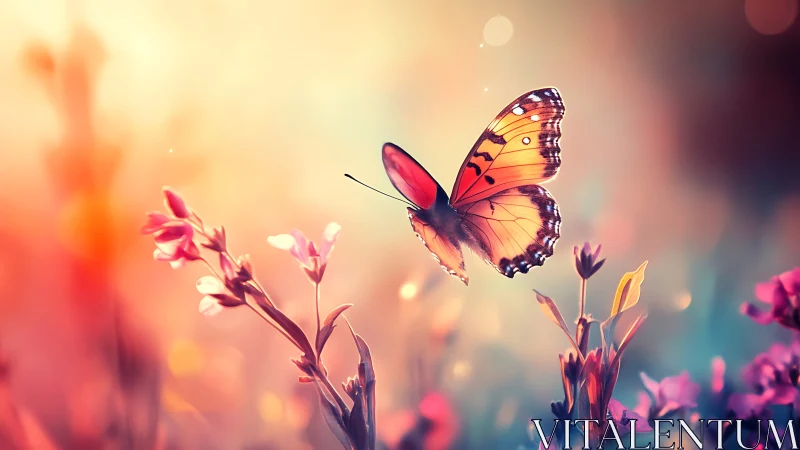 Gentle orange butterfly drifting through dreamy evening light.