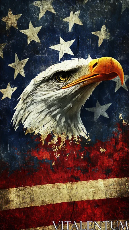 Bold bald eagle rises over a weathered American flag background