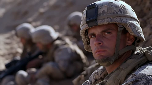 Desert edge guardian in digital camo, eyes on the unseen.