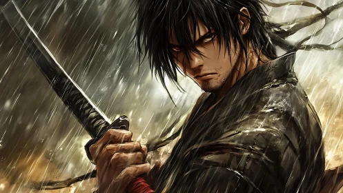 Brooding samurai warrior gripping katana in stormy rain.