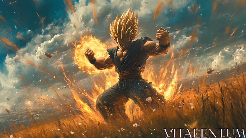 Golden-haired warrior unleashes explosive fiery power field.