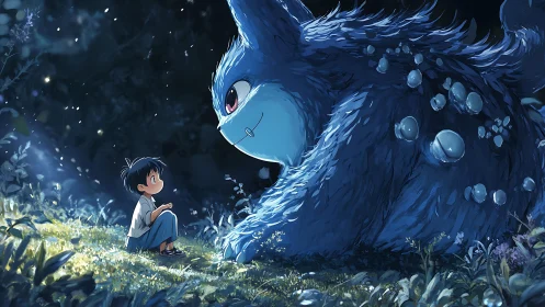 Child facing large blue creature in moonlit forest clearing.