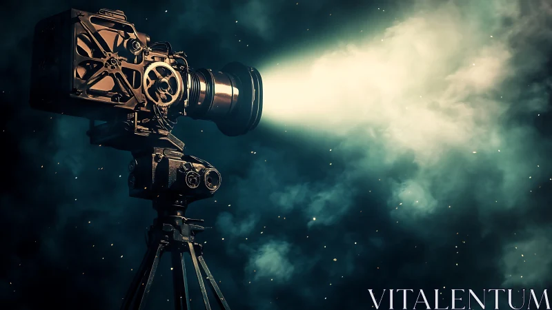 Vintage film projector emits focused beam into smoky air