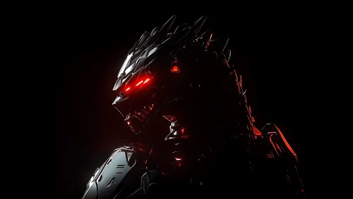 Cyberpunk mech dragon profile with red neon rim lighting.
