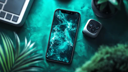 Smartphone on teal desk with modular triple camera unit.