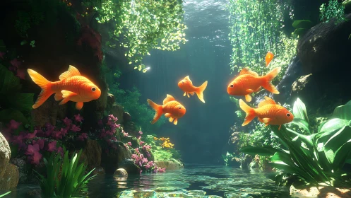 Goldfish lanterns drift through a lush underwater canyon.