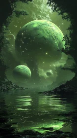 Tri-spherical exoplanet system over bioluminescent lagoon.