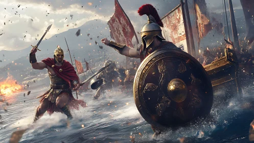 Ancient warriors clash in a stormy coastal naval battlefield