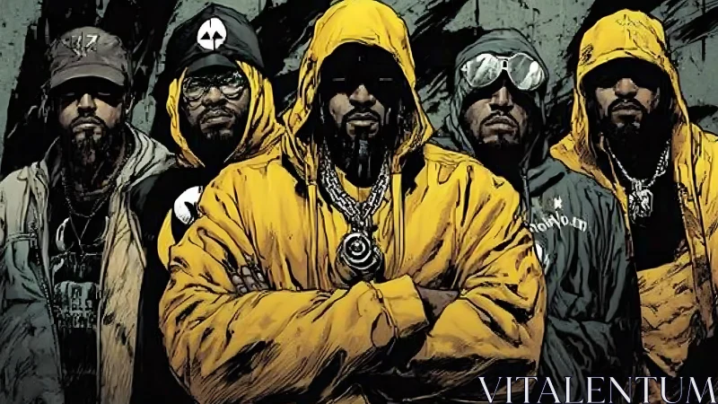 Hooded street kings in gold jackets guard the concrete dusk.