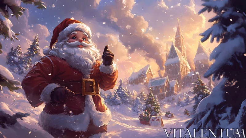Santa Claus in golden winter village at glowing sunset.