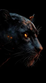 Volumetric side-profile of ember-illuminated black panther.