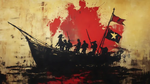 Silhouetted revolutionaries on boat against explosive red field.