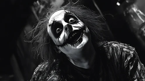 Monochrome deranged clown portrait with extreme chiaroscuro lighting.