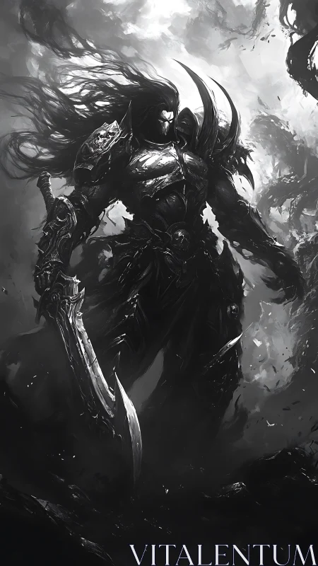 Dark armored warlord with greatsword in stormy void.