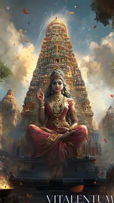 Seated goddess figure before ornate South Indian temple.