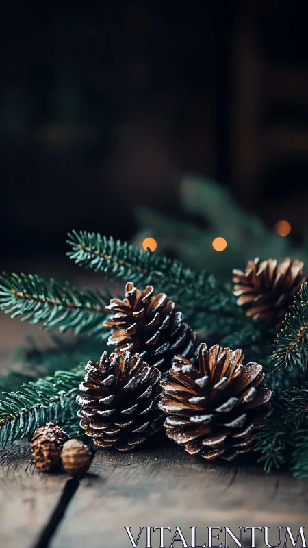 Macro pinecones on rustic wood with shallow depth of field