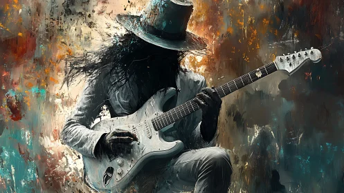 Shadowed guitarist in white suit pours soul into electric riffs
