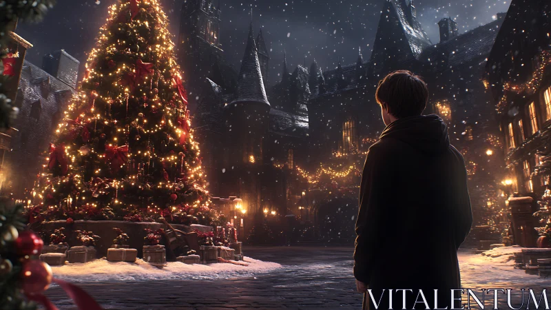 Snowy town square with lit Christmas tree at night.