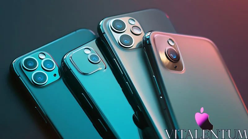 Four sleek smartphones glow under colorful studio lighting