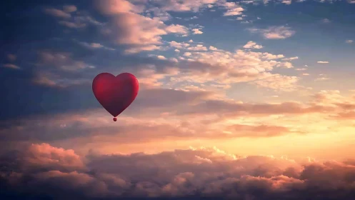 Heart-Shaped Balloon Soars Through Golden Sunset Clouds.