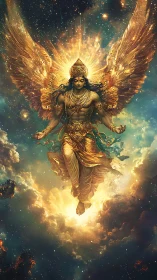 Winged celestial figure in ornate gold attire amid cosmos.