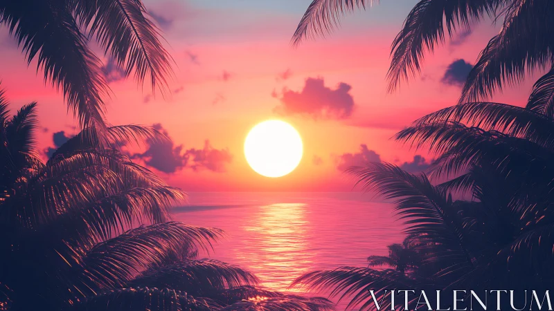 Digital painting sunset framed by silhouetted tropical palms.