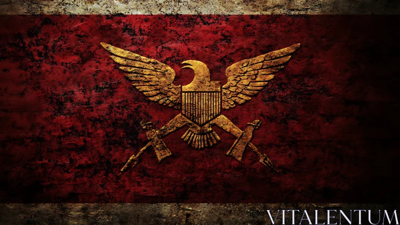 Golden winged eagle insignia on distressed crimson banner.