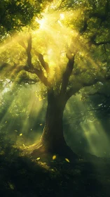 Sunlit forest tree framed by dramatic golden rays.