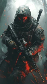 Armored rifleman advances through foggy forest with weapon ready