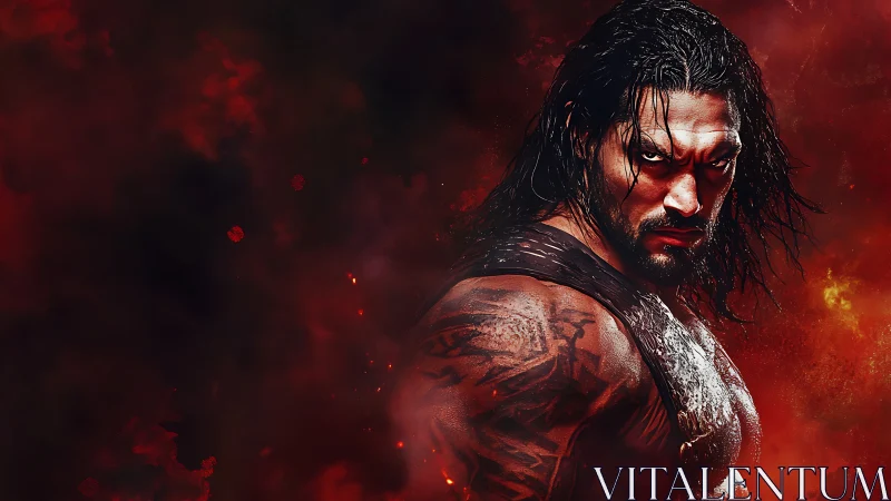 Brooding warrior portrait amid crimson atmospheric haze.