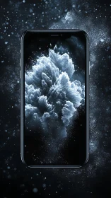 Futuristic smartphone floats in cosmic splash of blue light