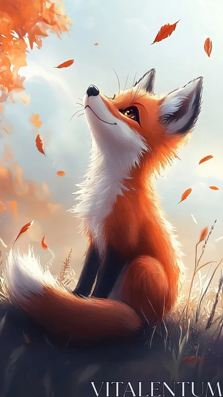 Gentle autumn fox basking in drifting golden leaves.