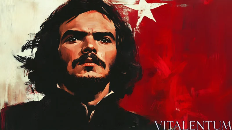 Portrait of long haired man before red field and star