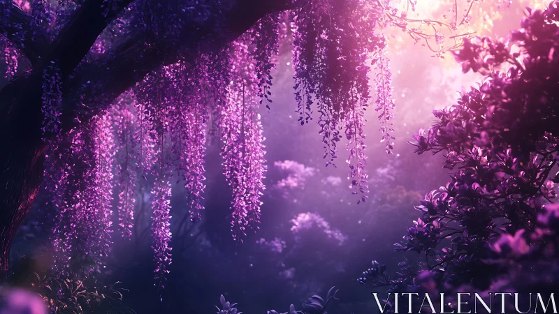 Purple wisteria tree dominates a softly lit fantasy grove