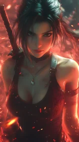 Emberlit sword sister stalking through molten twilight.