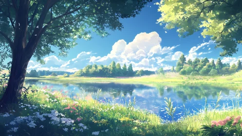 Sunlit riverside meadow rendered in luminous anime style