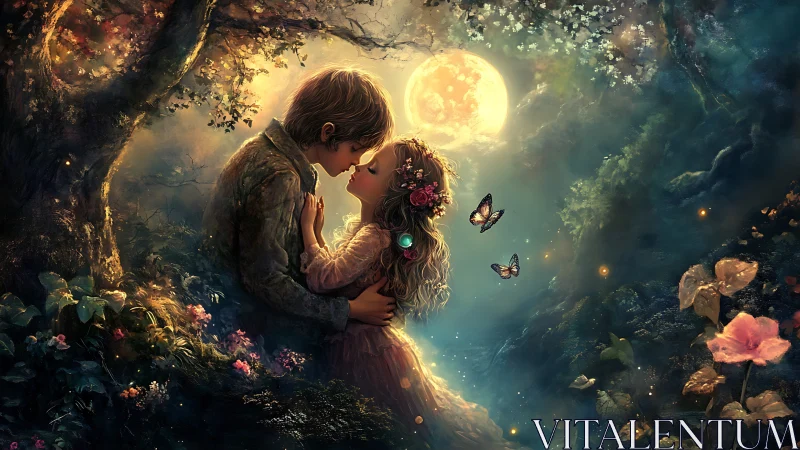 Moonlit Romance: Young Couple Embracing in Enchanted Forest Setting.